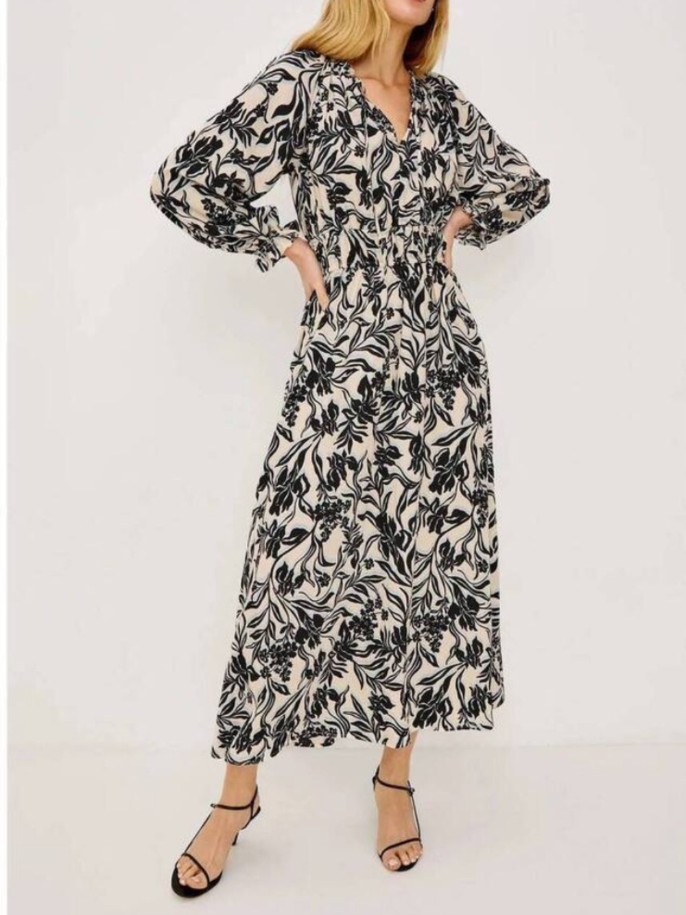 Rails Matia Blue Black White Floral V Neck Long Sleeve Boho Midi Maxi Dress M - Picture 2 of 16